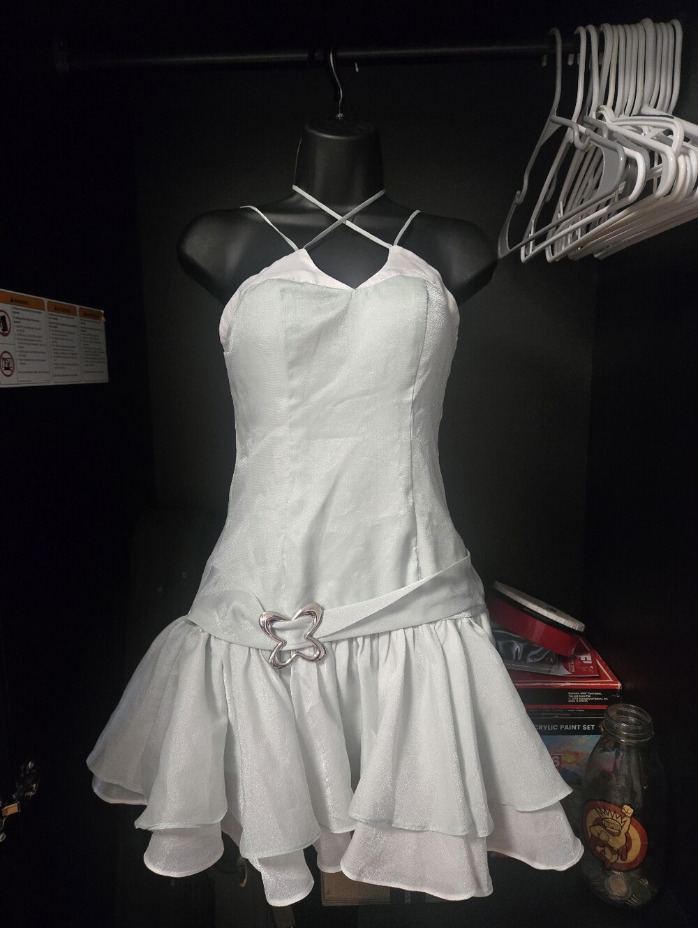 Amelie Ice Blue Tiered Ruffle Mini Dress Pink Butterfly Buckle Size Small